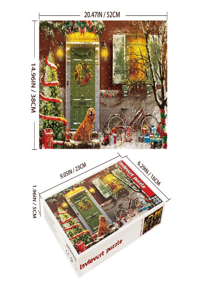Lavievert Jigsaw Puzzle 500 Piece Puzzle for Adults - Christmas on Doorstep, Smiling Golden Retriever - Image 2
